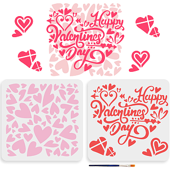 US 1 Set Valentine's Day PET Hollow Out Drawing Painting Stencils, with 1Pc Art Paint Brushes, for DIY Scrapbook, Photo Album, Heart, 300x300mm, 2pcs/set