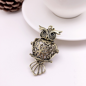Brass Bead Cage Pendants, Hollow Owl Charms, for Chime Ball Pendant Necklaces Making, Antique Bronze, 18mm