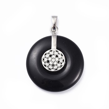 Natural Obsidian Pendants, with Platinum Tone Brass Findings, Donut/Pi Disc with Flower, 35.5x30x8.5~9.5mm, Hole: 4.5x6.5mm