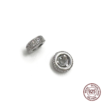 Rhodium Plated 925 Sterling Silver Spacer Beads, with Clear Cubic Zirconia, Column, Real Platinum Plated, 6x2.3mm, Hole: 1.4mm
