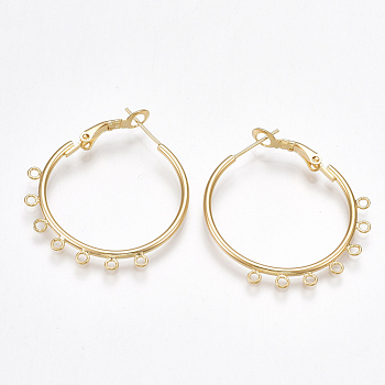 Brass Hoop Earring Findings with Latch Back Closure, Nickel Free, Real 18K Gold Plated, 12 Gauge, 35x31~34x2mm, Hole: 1.5mm, Pin: 0.8mm