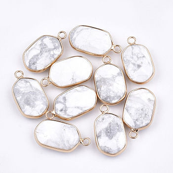 Natural Howlite Pendants, with Nickel Free Brass Findings, Hexagon, Golden, 24~25x13~14x5~7mm, Hole: 2mm