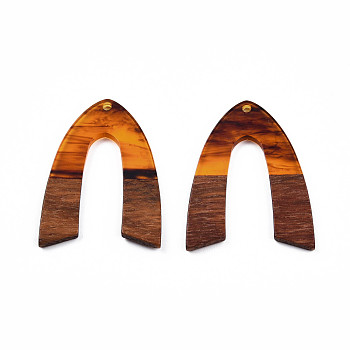 Transparent Resin & Walnut Wood Pendants, V-Shaped Charm, Chocolate, 38x29x3mm, Hole: 2mm