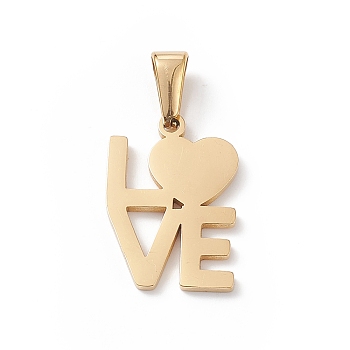 Valentine's Day 304 Stainless Steel Pendants, Laser Cut, Word I LOVE YOU Charms, Golden, 20.5x14.5x1.5mm, Hole: 3x6mm