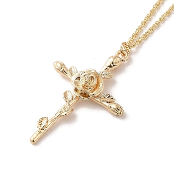 304 Stainless Steel Cross with Flower Pendant Necklaces for Women, Golden, 17.91 inch(45.5cm).
