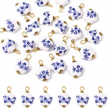 20Pcs Blue & White Floral Printed Porcelain Pendants, with Golden Tone Iron Loops, Star, 23mm, Hole: 3mm