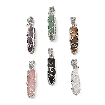 Natural Gemstone Pendants, with Platinum Tone Rack Plating Brass Wire Wrap, Lead Free & Cadmium Free, Cone, 61x15.5x14mm, Hole: 4mm