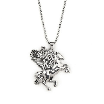201 Stainless Steel Chain,  Zinc Alloy Pendant Necklaces, Pegasus, Antique Silver & Stainless Steel Color, 23.62 inch(60cm)