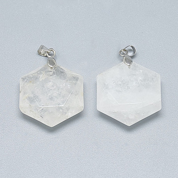 Natural Quartz Crystal Pendants, with Brass Findings, Hexagon, Platinum, 28x25x9.5mm, Hole: 4mm