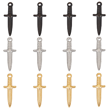 12Pcs 3 Style 304 Stainless Steel Pendants, Dagger, Mixed Color, 23.5~24x8.5~9x3.5mm, Hole: 1.4~1.6mm, 4pcs/style