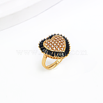Brass Micro Pave Cubic Zirconia Open Cuff Rings for Women, Real 18K Gold Plated, Heart, 16mm~20mm(IJ1776-1)