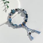 Star Handmade Porcelain & Cotton Cord Beaded Charm Bracelets, Stretch Bracelets for Women, with Tassels, Steel Blue, 6-1/2 inch(16.5cm)(FS-WGEFA71-01)