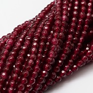 Dyed Natural White Jade Round Beads Strands, Faceted, Cerise, 4mm, Hole: 1mm, about 92pcs/strand, 15.3 inch(G-E311-4mm-03)