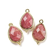 Natural Rhodonite Faceted Pendants, Rack Plating Golden Plated Brass Teardrop Charms, 21x12x5mm, Hole: 1.6mm(G-M431-15G-03)