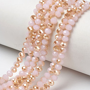 Electroplate Glass Beads Strands, Imitation Jade Beads, Half Plated, Rainbow Plated, Faceted, Rondelle, Pink, 4x3mm, Hole: 0.4mm, about 123~127pcs/strand, 16.5~16.9 inch(42~43cm)(EGLA-A034-J4mm-K03)