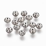Tibetan Style Alloy Beads, Round, Lead Free & Nickel Free & Cadmium Free, Antique Silver, about 8mm in diameter, 7mm thick, hole: 1.5mm(LF11126Y-NF)