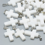 Natural White Jade Pendants, with Stainless Steel Snap On Bails, Cross, 29~30x18~19x5~6mm, Hole: 6x4mm(G-T080-23)