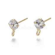 Brass Micro Clear Cubic Zirconia Stud Earring Findings, with Loop, Nickel Free, Real 18K Gold Plated, 8.5x5.5mm, Hole: 1.5mm, Pin: 0.7mm(KK-R132-066G-NF)