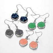 Silver Color Plated Flat Round Brass Druzy Resin Dangle Earrings, Mixed Color, 34mm, Pin: 0.7mm(EJEW-JE01664)