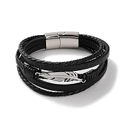 Men's Braided Black PU Leather Cord Multi-Strand Bracelets, Feather 304 Stainless Steel Link Bracelets with Magnetic Clasps, Stainless Steel Color, 8-5/8 inch(22cm)(BJEW-K243-21P)