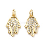 Rack Plating Brass Micro Pave Clear Cubic Zirconia Pendants, with Jump Ring, Cadmium Free & Lead Free, Long-Lasting Plated, Hamsa Hand, Real 18K Gold Plated, 16x10x2mm, Hole: 3mm(KK-C063-13G)