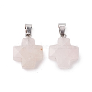 Natural Rose Quartz Pendants, Cross Charms with Stainless Steel Color Plated Stainless Steel Snap on Bails, 20~20.5x15.5~16.5x6~7mm, Hole: 7x4.5mm(G-K359-02P-07)