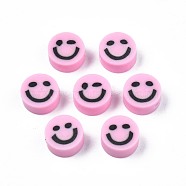 Handmade Polymer Clay Beads, Flat Round with Smiling Face, Pearl Pink, 8~9x4mm, Hole: 1.5mm(CLAY-S096-010H)