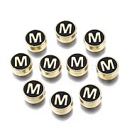 Alloy Enamel Beads, Cadmium Free & Lead Free, Light Gold, Flat Round with Alphabet, Black, Letter.M, 8x4mm, Hole: 1.5mm(ENAM-N052-006-02M-RS)