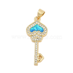 Brass Micro Pave Cubic Zirconia Pendants, Key Charms, with Synthetic Opal, Long-Lasting Plated, Rack Plating, Lead Free & Cadmium Free, Real 18K Gold Plated, Heart, 30.5x12.5x3mm, Hole: 4.5x3mm(KK-I723-49B-G)