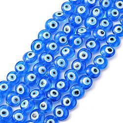 Flat Round Evil Eye Lampwork Bead Strands, Dodger Blue, 15~16x8~9mm, Hole: 2mm, about 24pcs/strand, 13.7 inch(LAMP-R118-05)