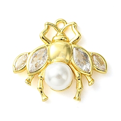 Rack Plating Brass with ABS Imitation Pearl Pendants, with Clear Cubic Zirconia, Long-Lasting Plated, Lead Free & Cadmium Free, Bees, Real 18K Gold Plated, 17x19.5x7mm, Hole: 1.2mm(KK-G501-18G)