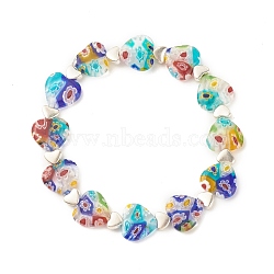 Handmade Millefiori Lampwork & Alloy Heart Beaded Stretch Bracelet, Flower Bracelet for Women, Colorful, Inner Diameter: 1-7/8 inch(4.8cm)(BJEW-JB08042-03)