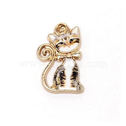 Alloy Enamel Pendants, Light Gold, Cat with Bowknot, White, 21x13x2.3mm, Hole: 2.3mm(ENAM-CJC0006-02LG)