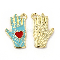 Alloy Enamel Pendants, Hand with Heart Pattern, Platinum, Golden, Dark Turquoise, 21.5x14x1.5mm, Hole: 1.6mm(ENAM-J650-05G-06)