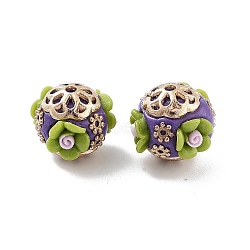 Handmade Indonesia Beads, with Alloy and Resin, Round with Flower, Golden, Slate Blue, 17x15.5mm, Hole: 1.8mm(FIND-Q106-10)