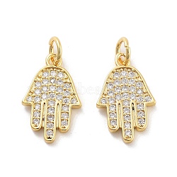 Rack Plating Brass Micro Pave Clear Cubic Zirconia Pendants, with Jump Ring, Cadmium Free & Lead Free, Long-Lasting Plated, Hamsa Hand, Real 18K Gold Plated, 16x10x2mm, Hole: 3mm(KK-C063-13G)