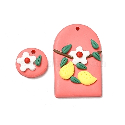 Handmade Polymer Clay Pendants Sets, Flat Round & Arch with Flower, Salmon, 35x22x6mm, Hole: 2mm, 2pcs/set(CLAY-B003-11)