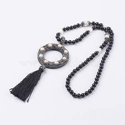Nylon Tassels Pendant Necklaces, with Natural Black Agate Round Beads and Natural Pearls,and Wood, Ring, 25.1inches(64cm)(NJEW-F174-18)