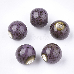 Handmade Porcelain Beads, Fancy Antique Glazed Porcelain, Round, Medium Purple, 10.5~11x9.5mm, Hole: 2.5mm(PORC-Q262-01G)