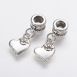 15Pcs Tibetan Style Alloy European Dangle Charms, Large Hole Pendants, Heart with Flower, Antique Silver, 26mm, Hole: 5mm, Pendant: 14x10.5x2.5mm(MPDL-ZF0001-09)