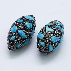 Polymer Clay Rhinestone Beads, with Natural & Dyed Turquoise Chip Beads, Oval, 30~32x15~16mm, Hole: 1mm(PEAR-F006-36A)