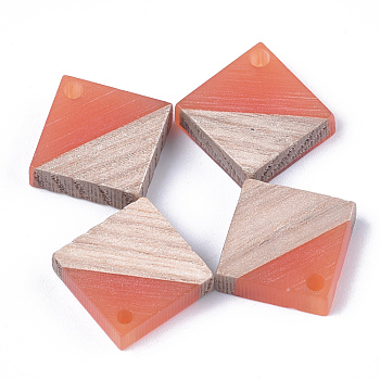 Resin & Wood Pendants, Rhombus, Coral, 16.5~17.5x17~18x3~4mm, Hole: 1.8mm, Side Length: 12~13mm