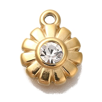 Ion Plating(IP) 304 Stainless Steel Rhinestone Charms, Flower Charm, Real 18K Gold Plated, 10.5x8.5x3mm, Hole: 1.2mm