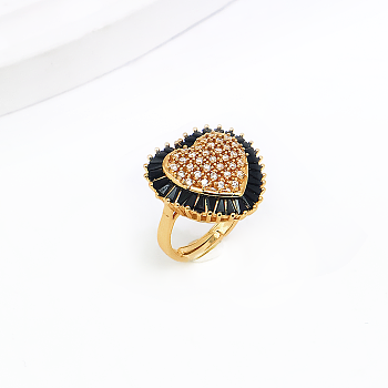 Brass Micro Pave Cubic Zirconia Open Cuff Rings for Women, Real 18K Gold Plated, Heart, 16mm~20mm