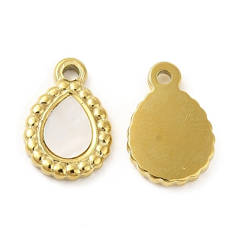 Natural White Shell Teardrop Charms, with Vacuum Plating Real 18K Gold Plated 201 Stainless Steel Findings, Seashell Color, 15x10x2.5mm, Hole: 1.8mm