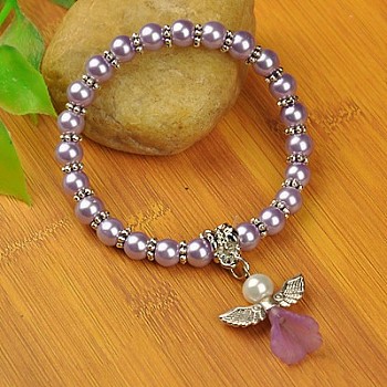 Lovely Wedding Dress Angel Bracelets for Kids, Carnival Stretch Bracelets, with Glass Pearl Beads and Tibetan Style Beads, Lilac, 45mm