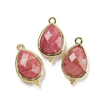 Natural Rhodonite Faceted Pendants, Rack Plating Golden Plated Brass Teardrop Charms, 21x12x5mm, Hole: 1.6mm