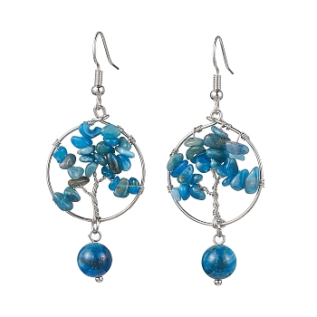 Natural Apatite Dangle Earrings, with Brass Earring Hooks, Tree of Life, 57x23.5mm