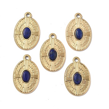 Vacuum Plating 201 Stainless Steel Natural Lapis Lazuli Pendants, Real 18K Gold Plated, Oval Charms, 21x14x3mm, Hole: 1.6mm