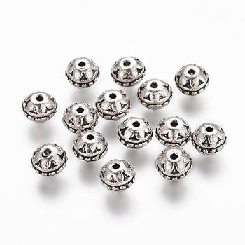 Tibetan Style Alloy Beads, Round, Lead Free & Nickel Free & Cadmium Free, Antique Silver, about 8mm in diameter, 7mm thick, hole: 1.5mm